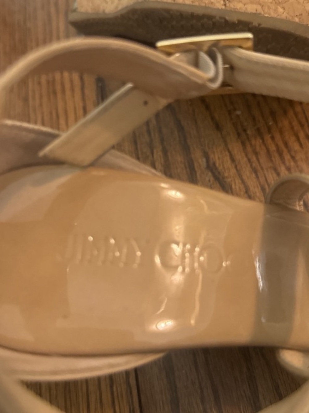 Jimmy Choo Beige Patent Leather Cork Wedge Sandals